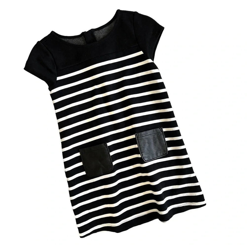 GYMBOREE Kids Black & White Striped Dress Sz 5 Faux Leather Pockets Cap Sleeve